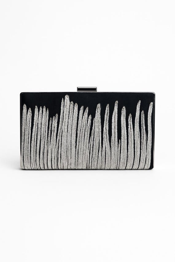 Black Crystal Leaves and Pearl Beads Embroidered Wedding  Elegant Black and Silver Clutch display picture 1