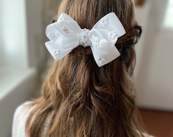 Communion, hair accessories, hair bow with flowers and rhinestones