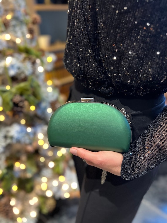 Green/emerald Green Clutch With Silver Frame and Chain 