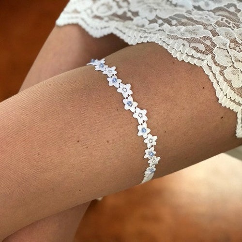 Garter with blue swarowski and white lace, Garter with blue swarowski and white lace