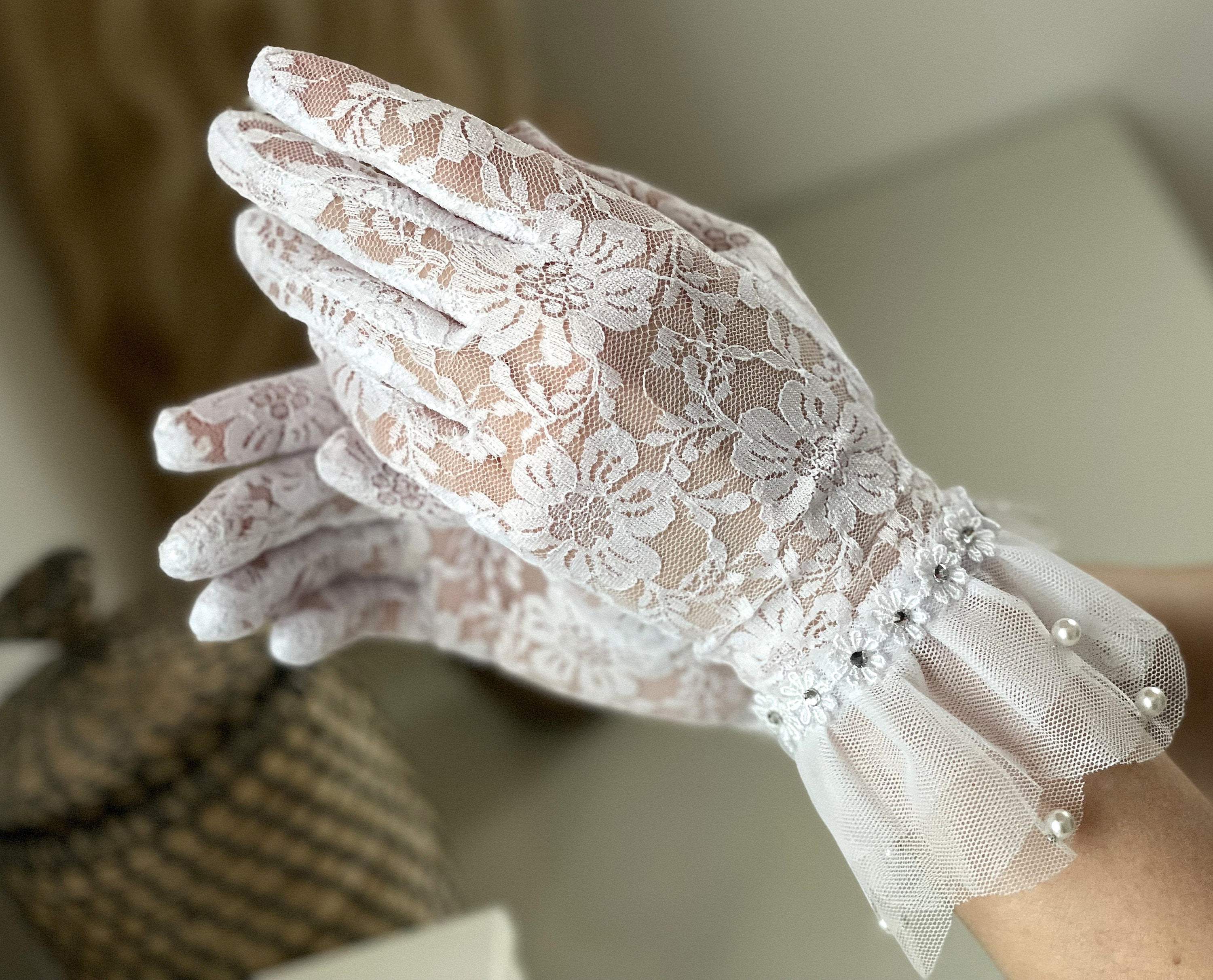  1 Paar Transparent Netzgewebe Kurz Tüll Handschuhe Elastisch Lotus Blatt  Schi