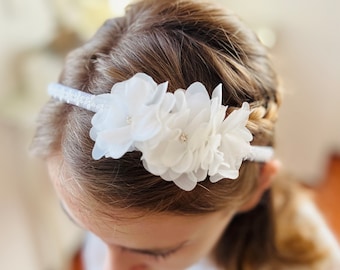 Comunión, accesorios para el cabello, diadema con flores de tela en blanco