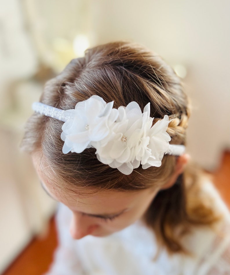 Kommunion,Haarschmuck,Haarreif mit Stoffblumen in weiß Bild 1