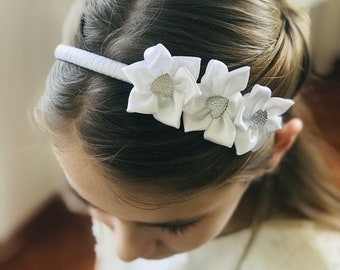 Haarschmuck, Haarreif mit Blumen und Strassherz für Kommunion/Blumenmädchen