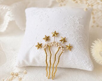 Braut Haarkamm mit Süßwasserperlen & goldenen Sternen, Haarschmuck Hochzeit, Haarkamm Brautfrisur, eleganter Brautschmuck