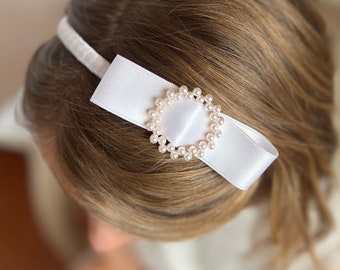 Accessoires cheveux de communion, bandeau de communion, bandeau blanc avec noeud en satin
