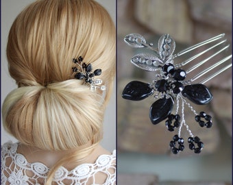 Hair comb, hair accessories, black/silver, ball, prom