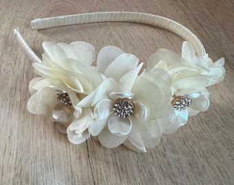 Kommunion,Haarschmuck,Haarreif mit Blumen in ivory und Strass