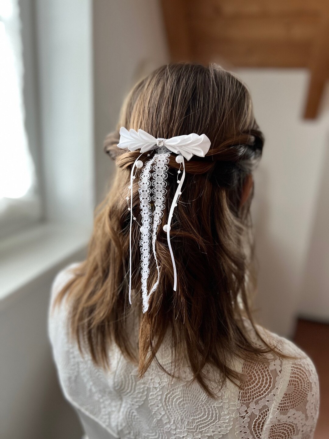 Communion, Hair Accessories, Hair Bow With Ribbons in White 