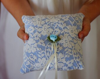 Ring Pillow, Something bleu,ivory ring bearer pillow, lace ring pillow