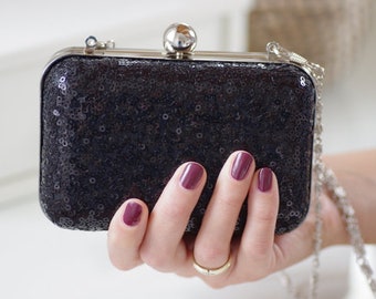 Abendtasche-Clutch schwarz mit Pailletten, black evening clutch, schwarze glitzer Clutch