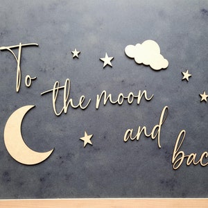 To the moon and back 3D Sign made in Wood or Mirrored Acrylic with cloud, moon and stars Nursery,  kids bedroom, art wood letters v136