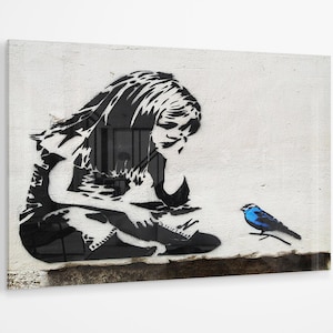 Banksy Girl with blue bird premium Acrylic glass Print Wall Art canvas gift