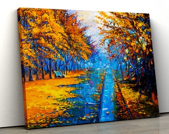Yellow trees walkway path oil painting Framed Abstract Canvas Print Wall Art 161