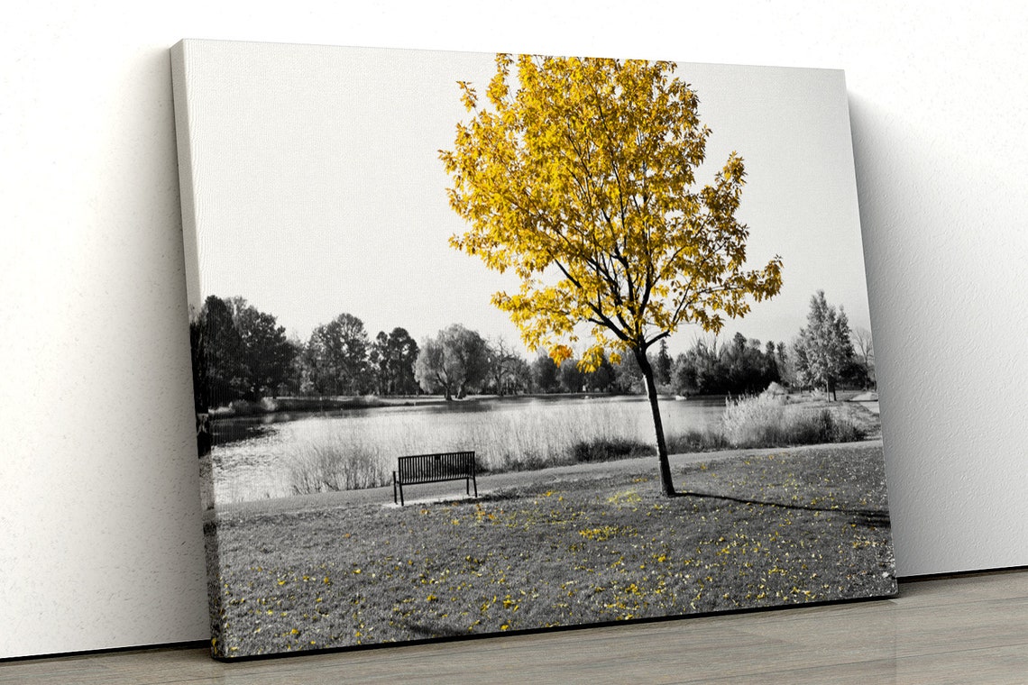 Large Yellow Tree Black White Home Decor Nature Framed Canvas Etsy