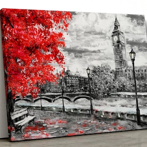 London Red Tree Black white Oil Painting Big Ben Framed Canvas Print Wall Art pp97