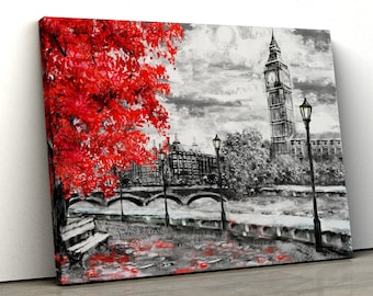 May include: A black and white painting of the Houses of Parliament and Big Ben in London, England. A red tree is in the foreground.