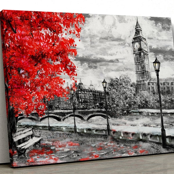 London Red Tree Schwarz weiß Ölgemälde Big Ben Gerahmt LeinwandDruck Wandkunst pp97