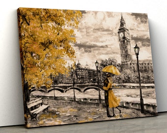 London Yellow Tree Black white Oil Painting abstract Bathroom living room bedroom Framed Canvas Print Wall Art gift pp100