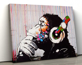 Banksy DJ Monkey with coloured rain Canvas thinking ape famous Wall Art Print Various Sizes
