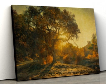 Oak tree at sunset oil painting style Framed Canvas Print Wall Art, Poster, Nature artwork gift pp462