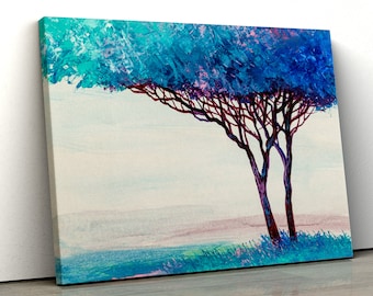 Blue Teal abstract tree field oil painting nature Framed Abstract Canvas Print Wall Art pp423