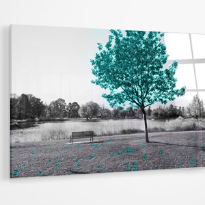 Teal green tree in a black and white park premium Acrylic glass Print Wall Art bedroom decor canvas gift a371