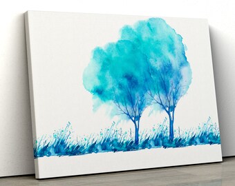 Blue Teal watercolour abstract trees field nature Framed Abstract Canvas Print Wall Art pp425