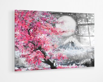 Pink black and white cherry blossom Tree Mountain premium Acrylic glass Print Wall Art canvas gift a105