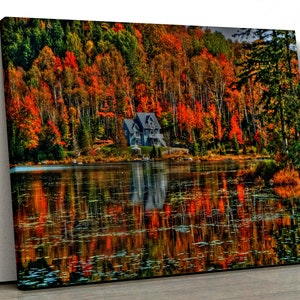 Herbst Wald Bäume mit See Spiegelung Motiv Natur Wohnkultur Gerahmt Leinwand Druck Wandkunst für Schlafzimmer pp270