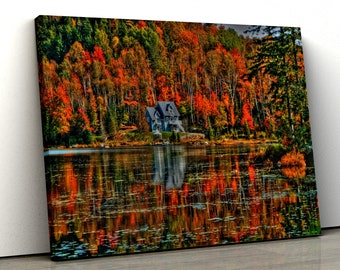 Autumn Forest trees with lake reflection Scene Nature home decor Framed Canvas Print Wall Art for bedroom pp270