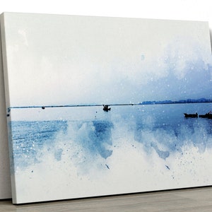 Bateaux de lac d’aquarelle bleue scène de pêche Home Decor Nature Framed Canvas Print Wall Art pp399