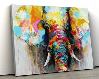 Large water colour Elephant colourful bedroom Framed Canvas Print Wall Art | Poster | nursery painting  | gift pp245