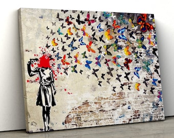 Banksy Butterfly Brains Girl, Canvas Wall Art Print Graffiti Street Artwork Canvas famous Wall Art Print Various Sizes