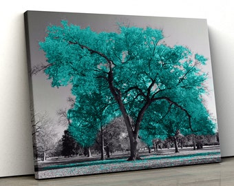 Large Teal tree set in a black and white park Home Decor Nature Framed Canvas Print Wall Art pp372