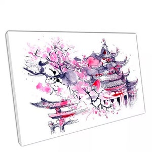 Japanese illustration art Cherry blossom pink purple watercolour painting Decor Framed Canvas Print Wall Art indi