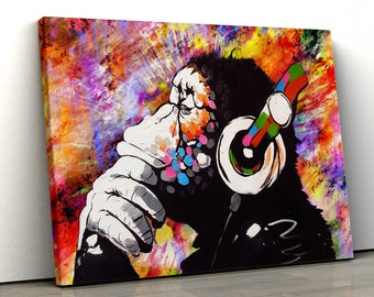 Banksy DJ Monkey colourful abstract Canvas thinking ape famous Wall Art Print Various Sizes