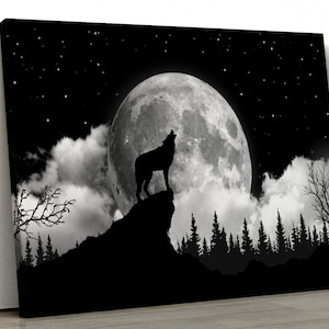 Wolf Silhouette black and white Framed Abstract Canvas Print Wall Art pp139