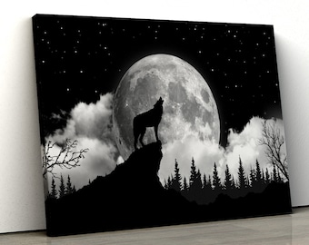 Wolf Silhouette black and white Framed Abstract Canvas Print Wall Art pp139