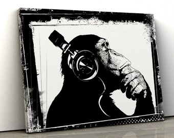 Banksy DJ Monkey Canvas black and white famous Wall Art Print Various Sizes