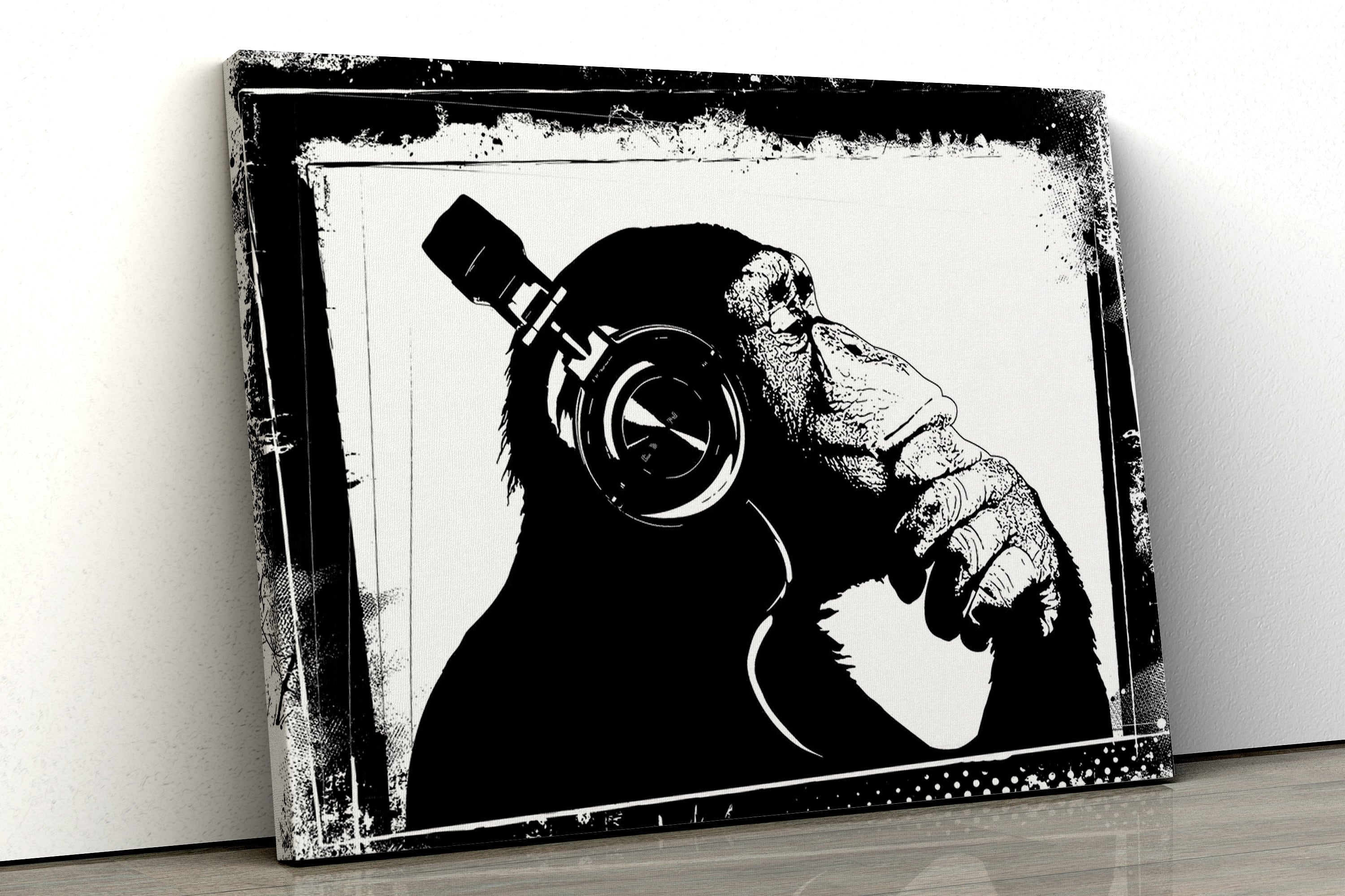 Banksy DJ Monkey Canvas black and white famous Wall Art Print Etsy