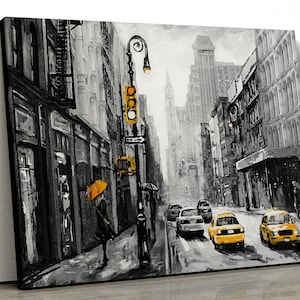 Yellow black and white New York Cab Oil Painting Framed Canvas Print Wall Art pp95