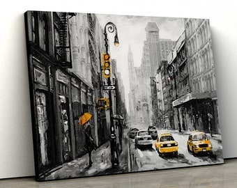 Yellow black and white New York Cab Oil Painting Framed Canvas Print Wall Art pp95