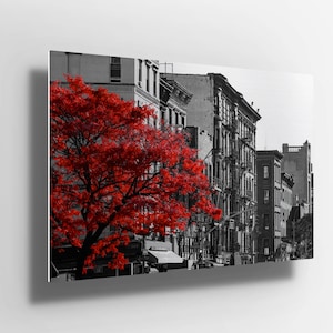 New York Red Tree in black and white skyline Metal Poster Aluminium Print Wall Art | canvas | Metal Poster sign | gift m177