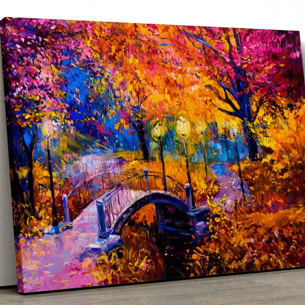 Árboles de colores puente pintura al óleo enmarcado lienzo abstracto impresión arte de la pared dormitorio baño regalo para el hogar 164