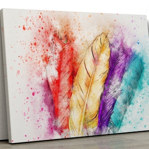 Multi Coloured bird feathers water coloured painting bedroom Framed Canvas Print Wall Art, Poster, bathroom painting, gift pp496