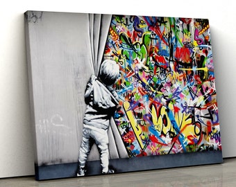 Banksy little boy pulling curtain to reveal graffiti Canvas famous Wall Art Print Various Sizes