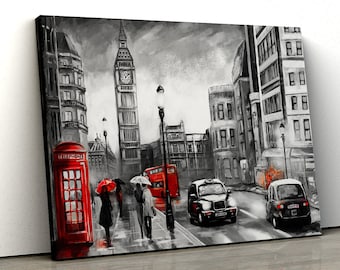May include: A black and white painting of a London street scene with Big Ben in the background. The street is lined with buildings and there are people walking on the sidewalk. A red double-decker bus and a black taxi are driving down the street. There is a red telephone booth on the left side of the image.