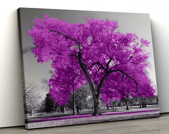 Large Purple tree set in a black and white park Home Decor Nature Framed Canvas Print Wall Art pp368