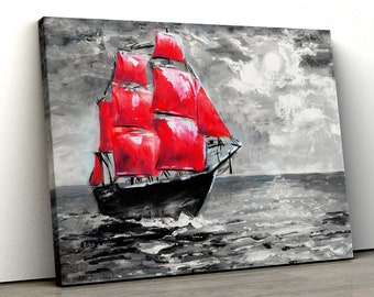 Boat red sails sailing oil painting scene Framed Canvas Print Wall Art pp194